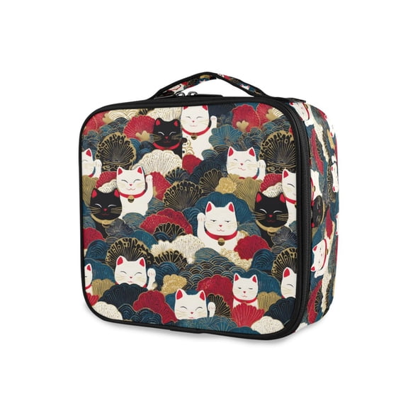 FORMRS Travel Makeup Bag Large Capacity Train Case Cosmetic Organizer with Adjustable Dividers, White Lucky Cat