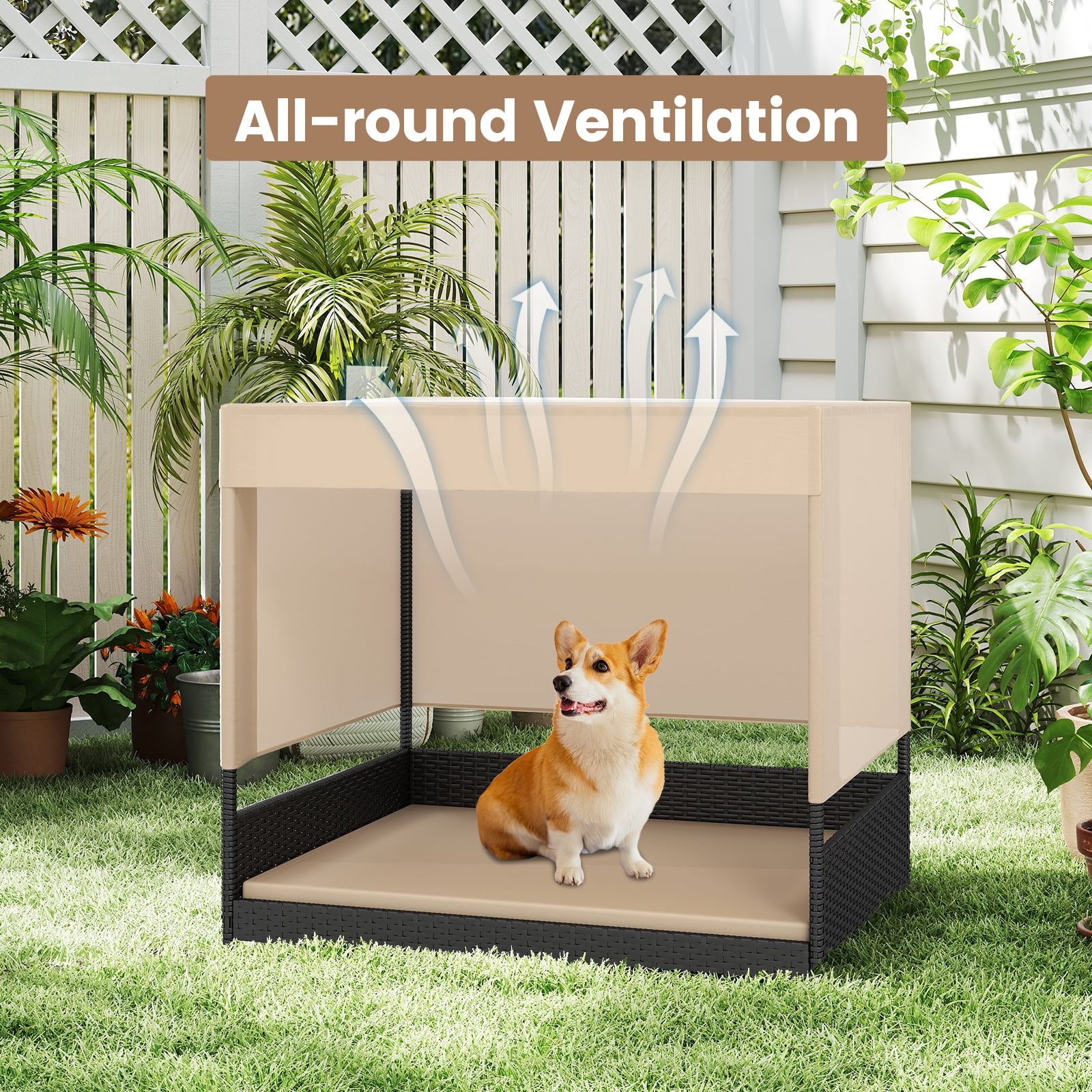 Gymax Outdoor Dog Shelter w/Cushioned Bed & Removable Sunproof Canopy Raised Legs