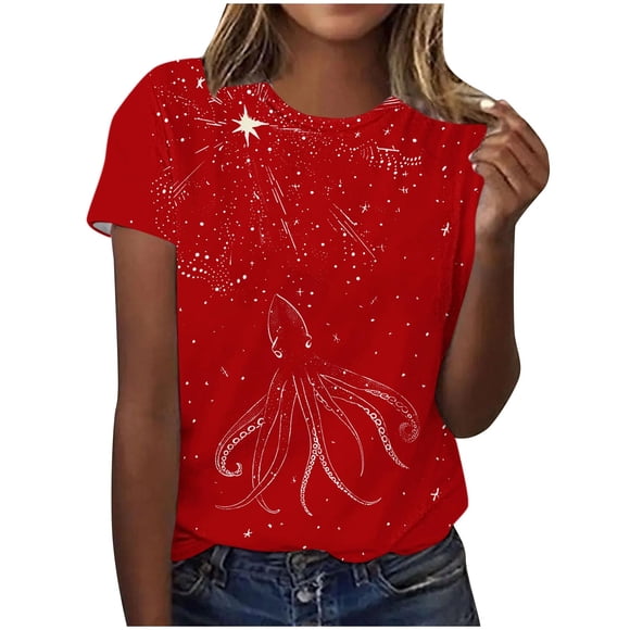 Tops de Ajuste Suelto para las Mujeres Sudadera Casual Impresa Manga Corta Cuello Redondo Superior, Poliéster