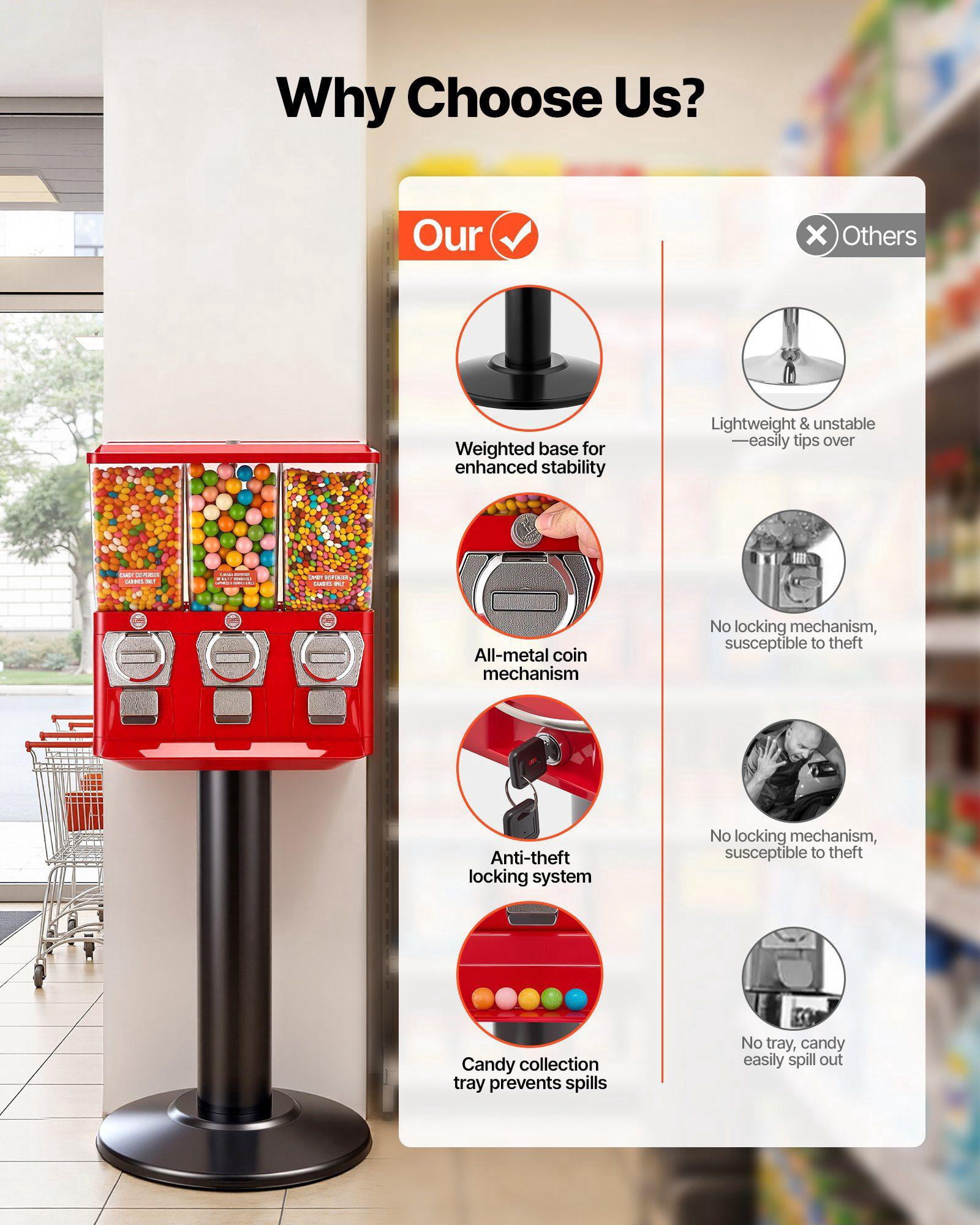 Triple Compartment Vintage Candy Gumball Vending Machine with Stand Detachable Cash Box for Shops Arcades