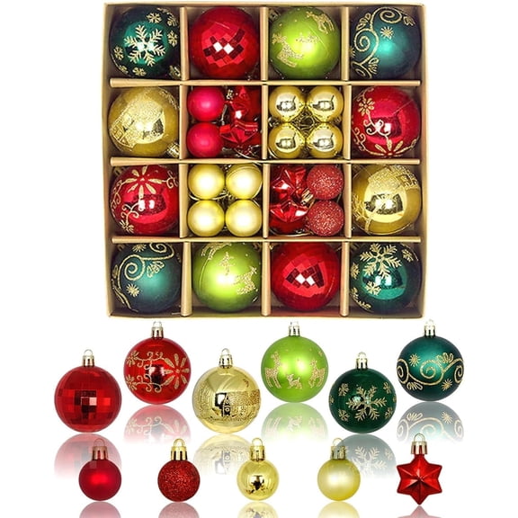 Christmas Ornaments Set, 44 ct Red Green White Silver Shatterproof Christmas Tree Decorations Ball Ornaments Bulk, Mixed Size Hanging Ornaments for Xmas Trees Holiday
