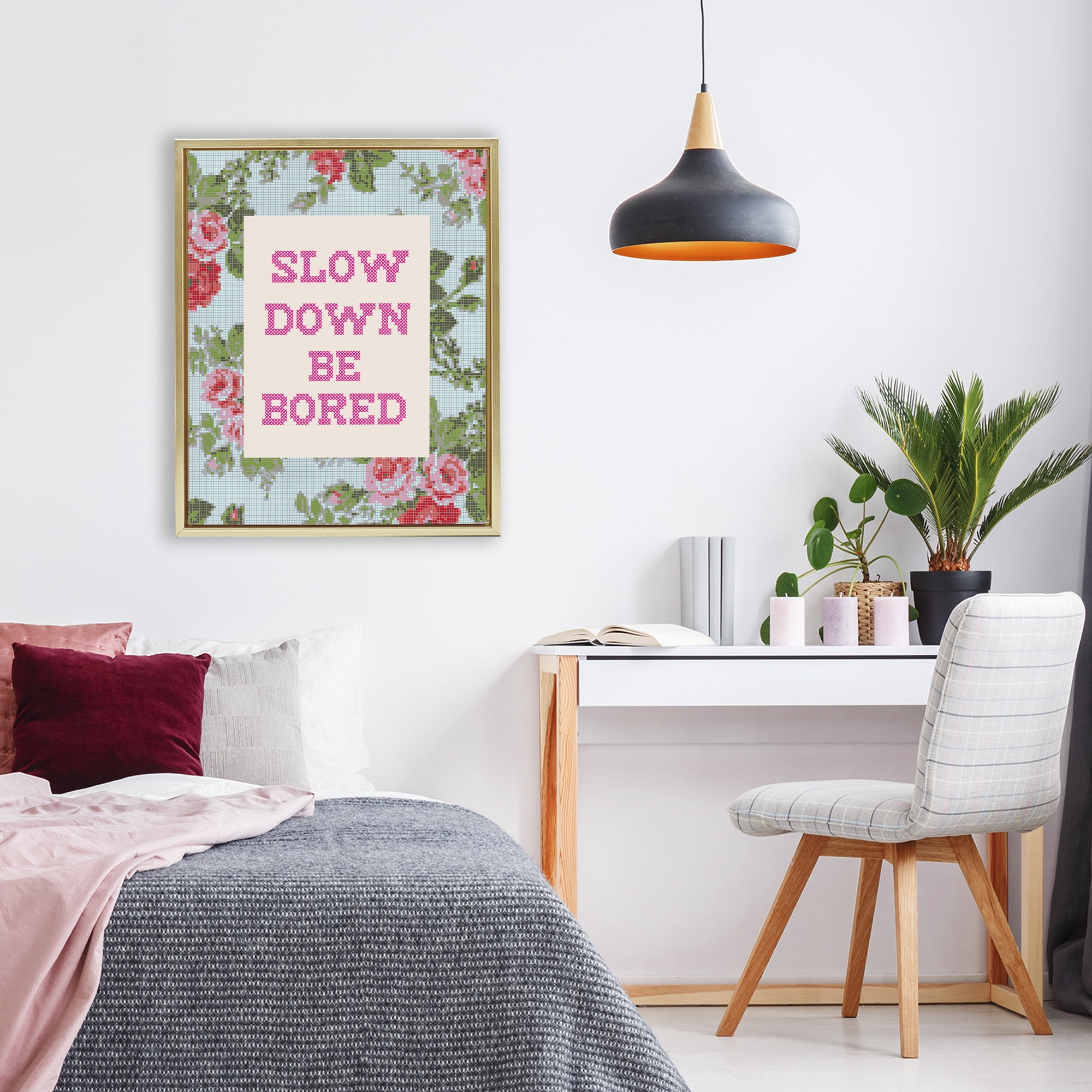 Stupell Industries Slow Down Be Bored Faux Cross Stitch Gold Framed Floater Canvas Wall Art, design by Lil' Rue
