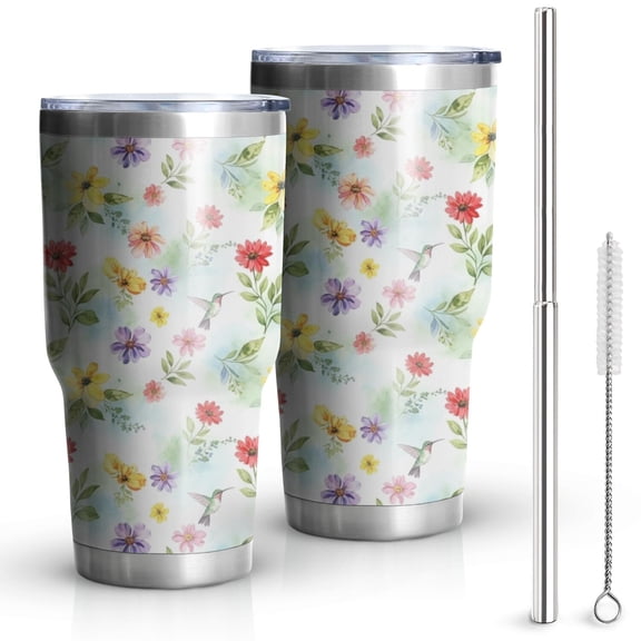 30oz Pioneer Flower Floral Print Pattern Tumbler, Double Wall Vacuum Insulated Cup, BPA-Free Leak Proof Lid & Reusable Straws, Hot 12h, Cold 34h
