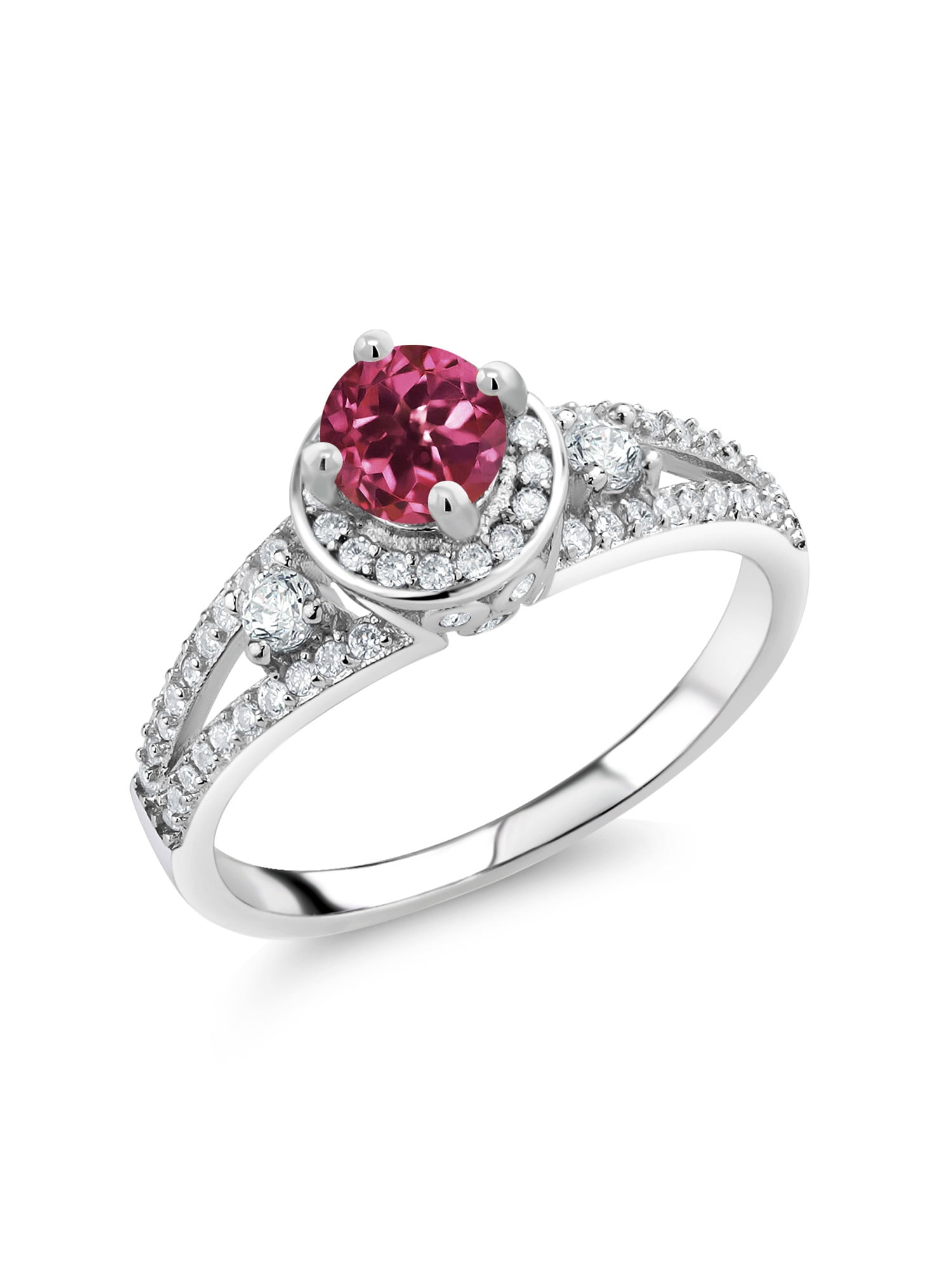 Gem Stone King 0.89 Ct 3.5mm Round Pink Tourmaline Red Rhodolite Garnet 925 Sterling Silver Wedding Band Ring