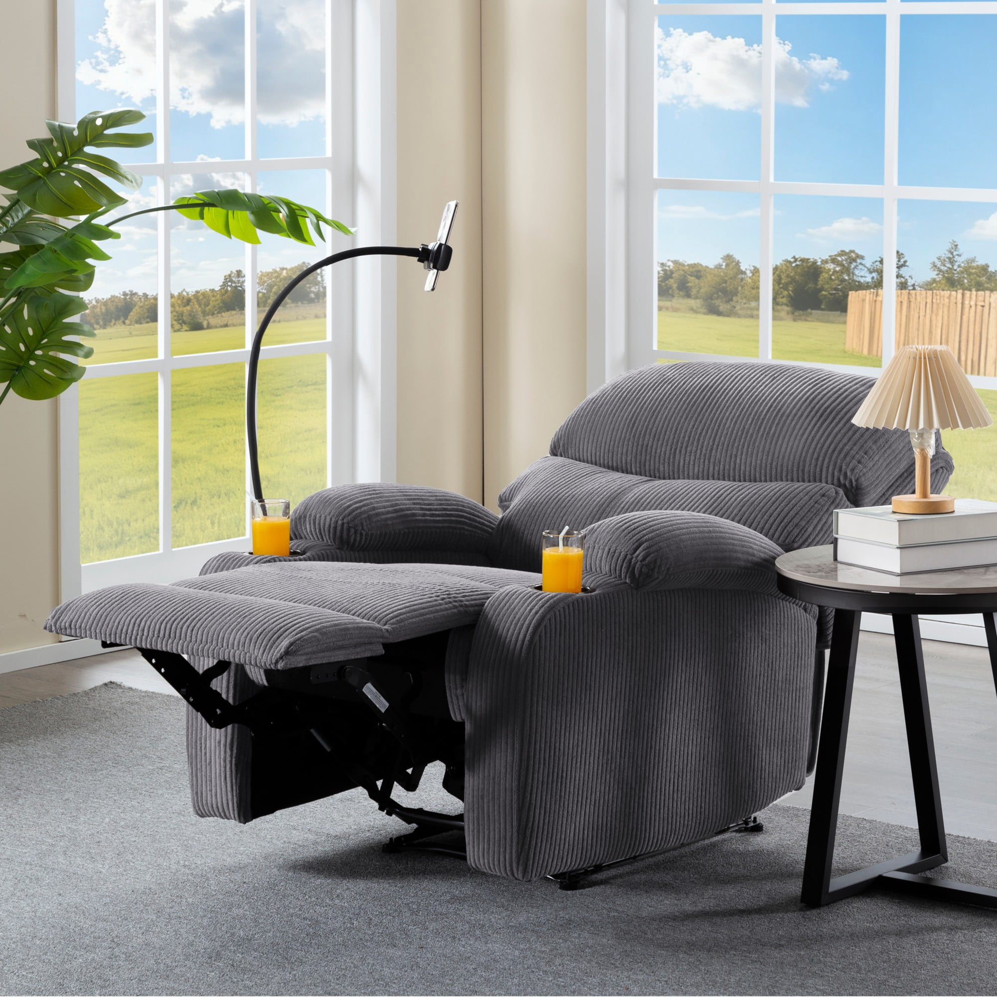Gewnee Light Grey Corduroy Manual Push Back Recliner Chair,Recliner Armchair with Phone Holder & Cup Holders,Single Sofa for Home,Office.