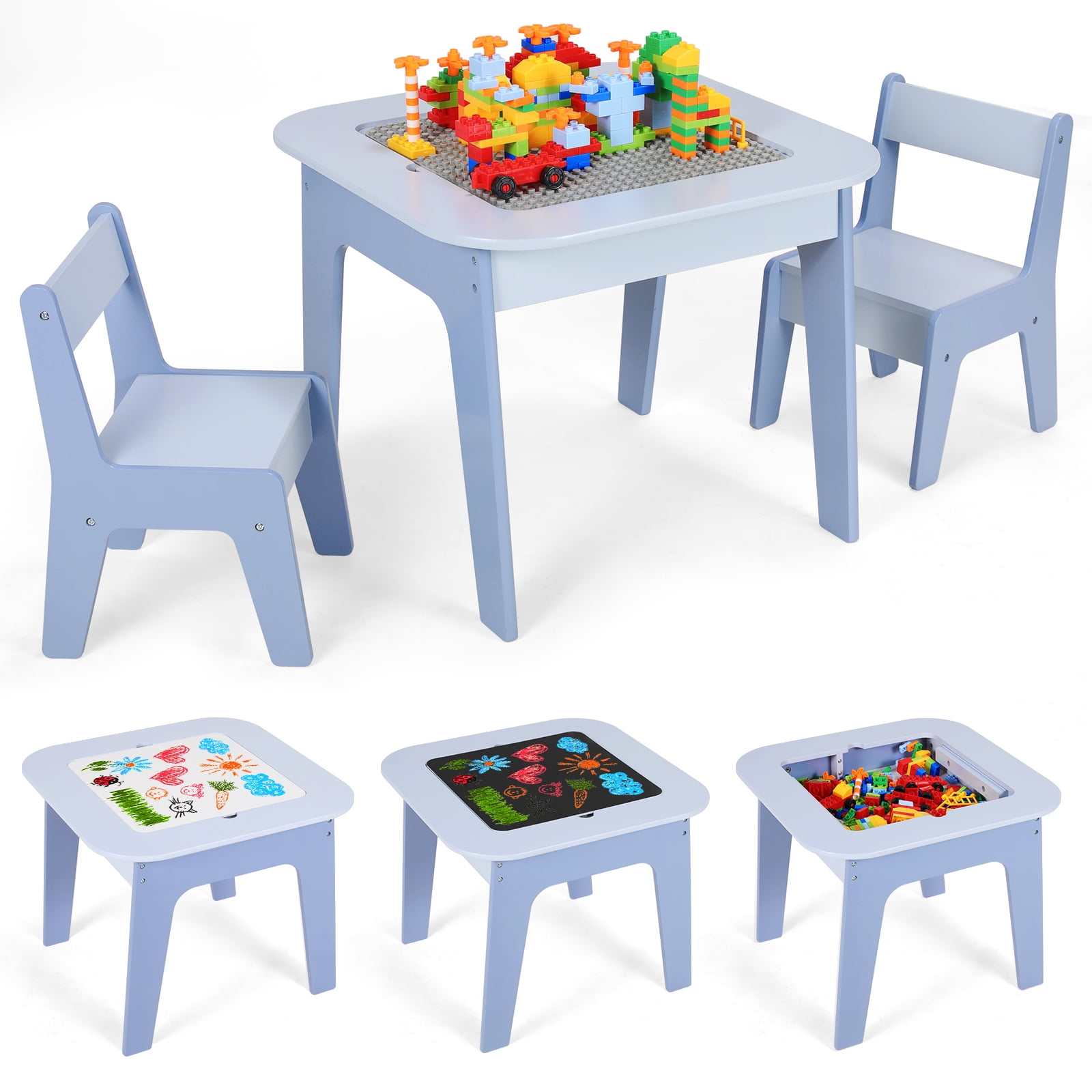 TLSUNNY Kids Table and 2 Chairs Set with Storage, Toddler Activity Table Set, Blackboard, Whiteboard & Building Blocks Tabletop, for Kids Ages 3+