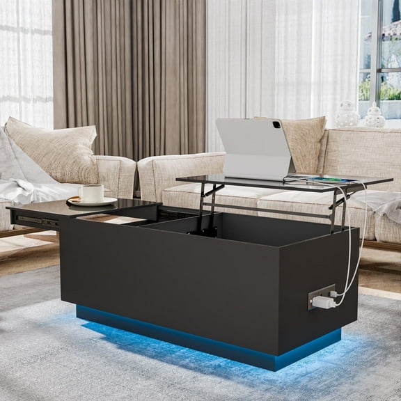 Hommpa LED Coffee Table with USB Ports and Outlets Lift Top Coffee Tables with Storage High Gloss White Rectangular Modern Center Table for Living Dining Room