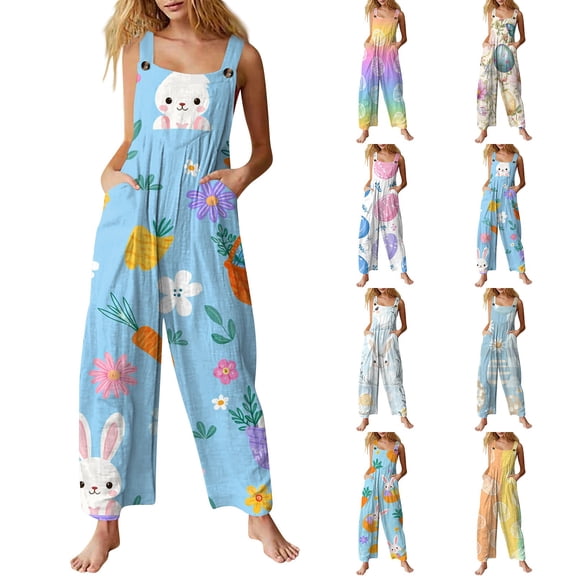 Women’s Easter Jumpsuit Casual Sleeveless Loose Fit One Piece Outfit, Easter Print Womens Summer Jumpsuit for Daily Wear and Vacation, Blue, L