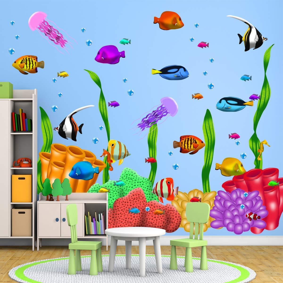 VWAQ Coral Reef Kids Wall Decals Under The Sea Peel and Stick Ocean Fish Stickers Large 69 PCS