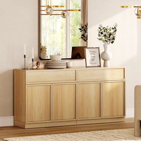 63" Modern Sideboard Buffet Cabinet with 4 Doors and Drawers, Multifunctional Sideboard with Large Storage and Adjustable Shelf, Oak