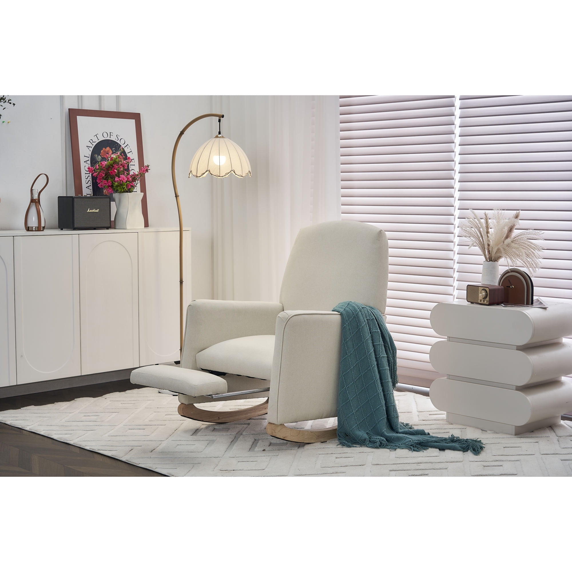 Jopath Nursery Rocking Chair,Cotton Linen Upholstered Rocking Chair with Adjustable Footrest,Glider Rocker Chair with High Backrest for Living Room,Bedroom,Beige