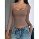 thumbnail image 4 of Camisas de Larga para Mujer, Tops Cortos, Cuello Cuadrado, Camisetas Básicas para Salir, Ropa de Invierno Y2K 2025 Color Café S, 4 of 7