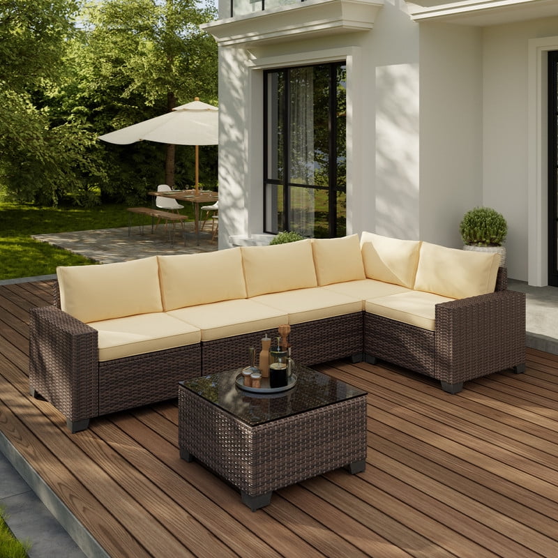 6-Piece Outdoor Patio Sectional Sofa Set with Coffee Table - All-Weather PE Wicker Rattan Conversation Set with Thickened Cushions for Garden, Backyard, Beige