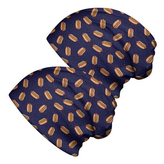 2PCS Stretch Knit Skull Beanie, Hip-Hop Style, Unisex, Lightweight,Simple Hot Dog Dark Navy Tiny Dot Minimal Print