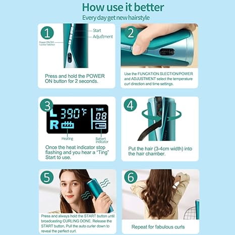 RKXQT Cordless Hair Curler Automatic Curling Iron with LCD Display 5 Temperature & Timer Fast Heating Rechargeable Automatic Hair Curler for Travel (Green)