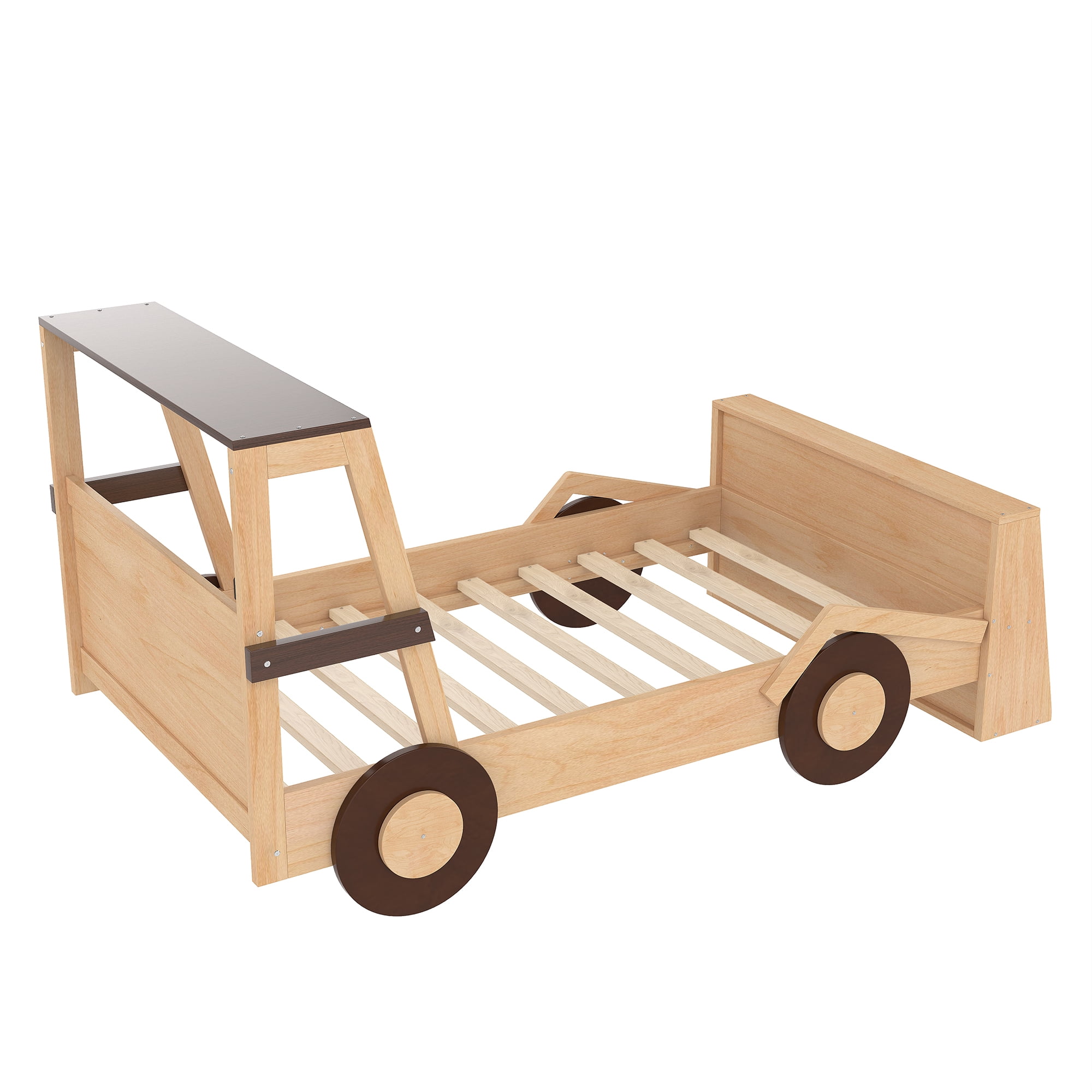 Harper & Bright Designs Twin Size Car Bed with Storage Shelves, Wood Platform Bed with Car-shape for Boys and Girls, Natural