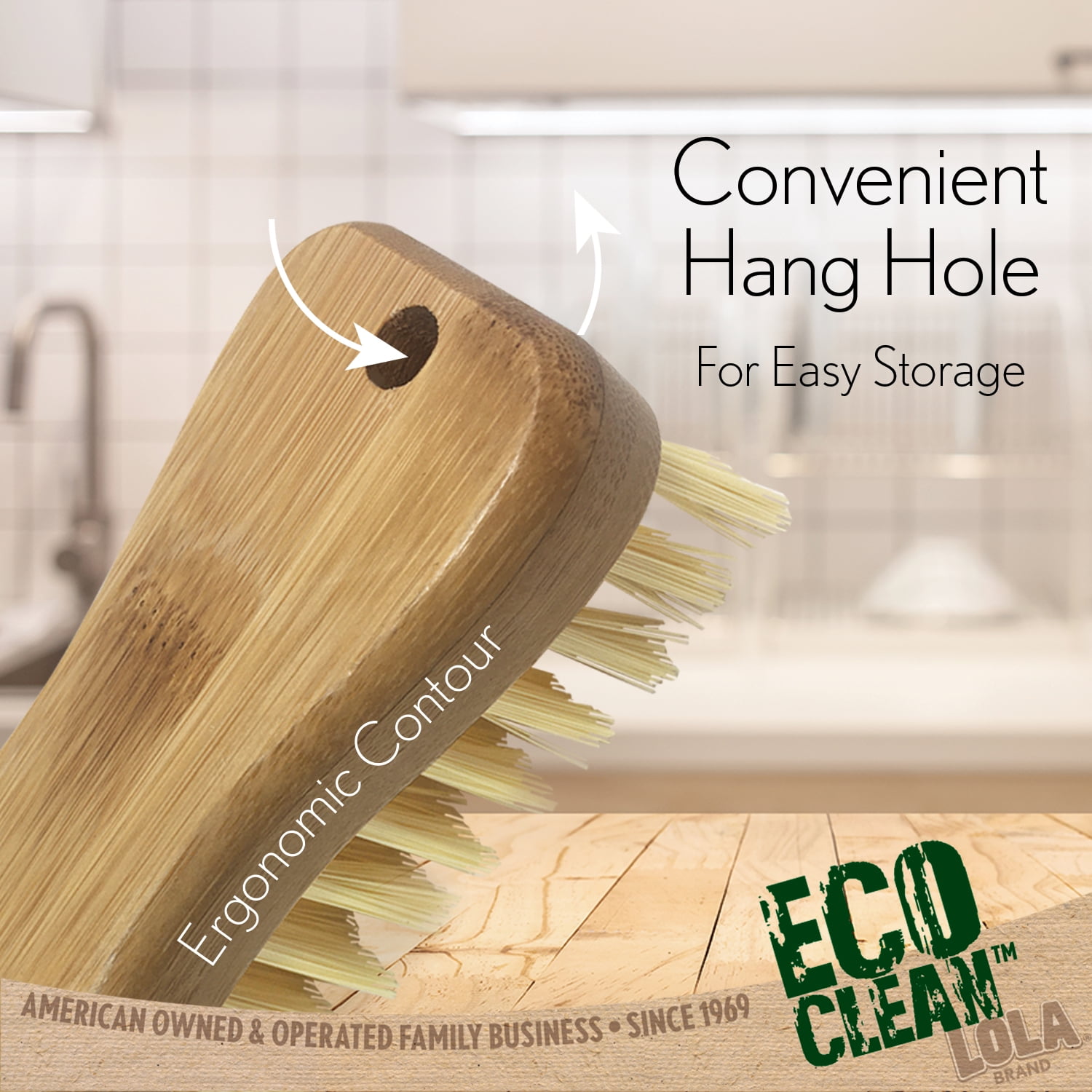 LOLA Eco-Clean Bamboo Scrub Brush W/ Bamboo Handle, Poly Fiber Bristles - 6 Pack