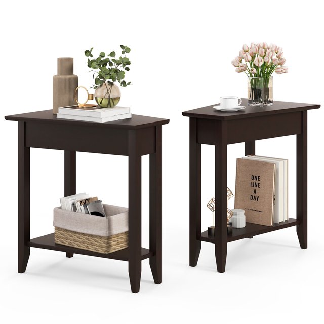Gymax 2 PCS 2-Tier End Table Irregular Narrow Sofa Side Nightstand w/ Storage Shelf Espresso