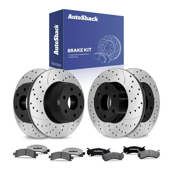 AutoShack Front Vented & Rear Vented Drilled & Slotted E-Coated Brake Rotors   Ceramic Pads 12-PC Brake Kit Replacement for 2003-2008 Chevrolet Express 1500 2003-2008 GMC Savana 1500 ShadowGuard