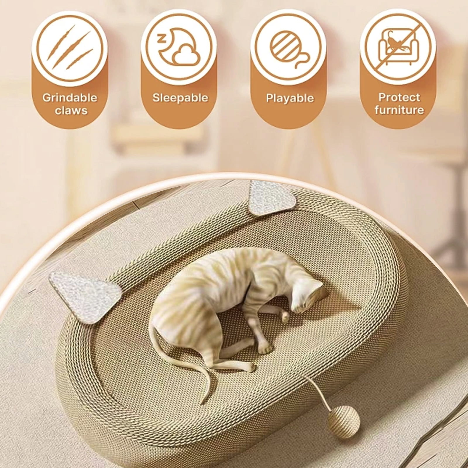 Nebwoak Cat Scratcher Bed 3-in-1, Sisal Oval Cat Bed with Hanging Toy Ball, Non-Slip Bottom Lounge Pet Bed for Indoor Cats Kittens Furniture Protection