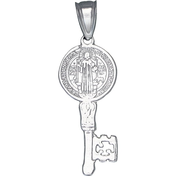 Sterling Silver Saint Benedict Key Medal Reversible Charm Pendant Necklace with 18 Inch Chain