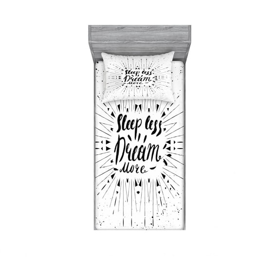 Saying Bedding Set with Sheet & Covers, Sleep Less Dream More Lettering on Sunbursting Rays Frame on the Ink Background, Printed Bedroom Decor 2 Shams, 4 Sizes, Black and White, by Ambesonne