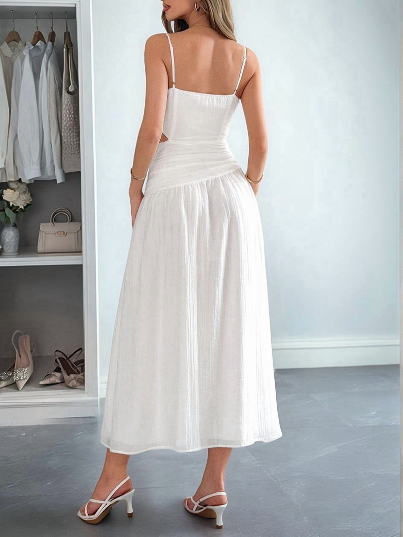 Women'S Summer Sleeveless Casual Dresses V-Neck Wrinkles Backless Party Dress White M