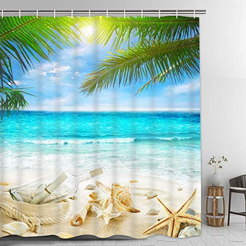 Beach Starfish Shower Curtain With 12, Tropical Beach Scene Shower Curtains
