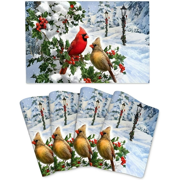 Winter Cardinal Birds Placemats Set of 4 Washable Kitchen Table Mats for Dining Tables Christmas Holiday Kitchen Decor 12x18 Inch Linen Place Mats