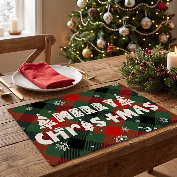 Eolstice Christmas Plaid Placemats, Merry Christmas Printed Fabric Table Mats Set, Heat Resistant Washable Dining Placemats For Holiday Party Table