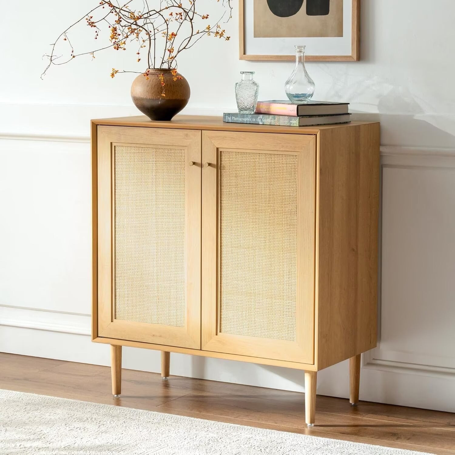 EYYTHUNG Accent Storage Cabinet with Rattan Doors, Small Sideboard Boho Buffet Kitchen Bar Cabinet, Natural Oak