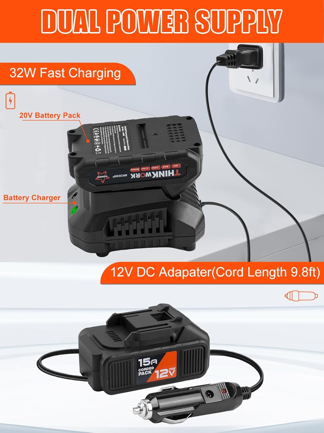 Thinkwork Cordless 20V Rechargeable, 150 PSI Tire Inflator - Orange