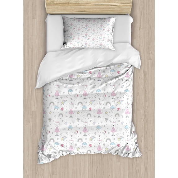 Colorful Duvet Cover Set Twin Size, Cats Wearing Dress and Bow Tie with Hearts Clouds and Stars Shapes Pattern, Decorative 2 Piece Bedding Set with 1 Pillow Sham, White Multicolor, by Ambesonne
