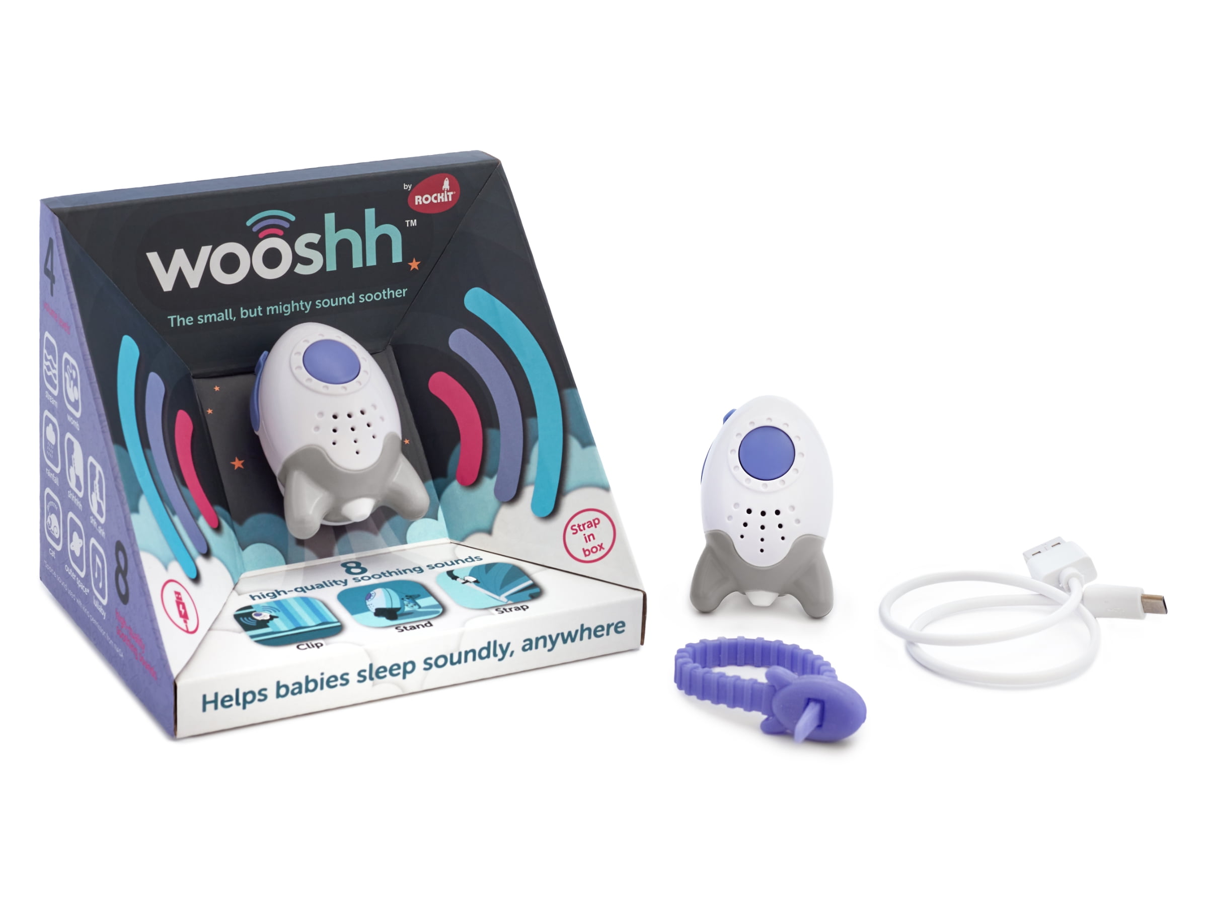 Wooshh by Rockit. The Small but MIGHTY Rechargeable, Portable White Noise Sound-Soother with 8 Calming Sounds for babies and 4 Volume Levels. Stand, Clip or Strap it. Take it with You Everywhere.