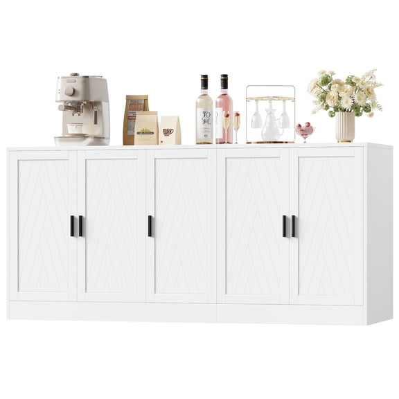 Homfa 71''W Modern Sideboard, 5-Doors Wood Buffet Cabinet with Adjustable Shelf, Credenza for Kitchen Dining Living Room, White