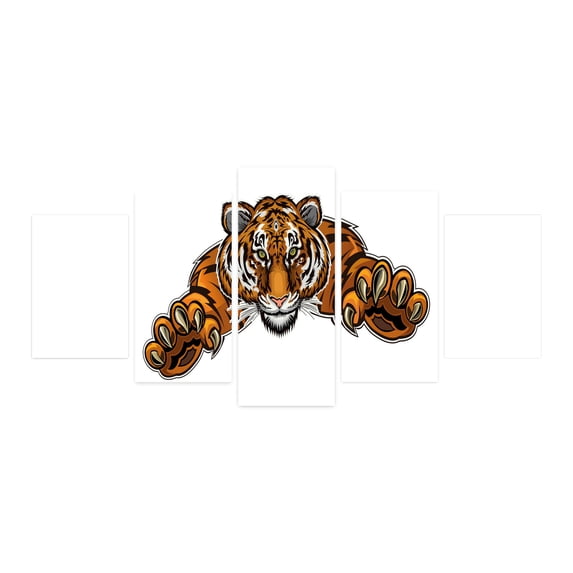 Animal 5 Panels Acrylic Glass Wall Art, Wild Jumping Tiger Cartoon Design Savage Savannah Graphic Art Print, Accent for Living Room, Bedroom, Dorm, 60" x 30", Dark Orange and Dark Grey, by Ambesonne