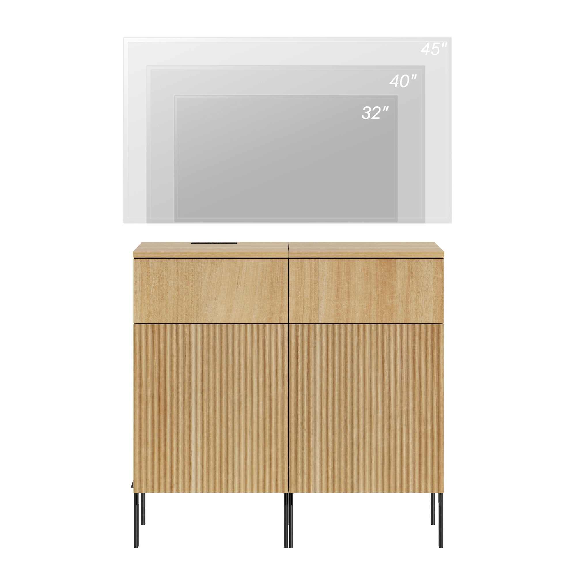 31.5" Modern Reeded TV Stand with Charging Station, Entertainment Center with Adjustable Shelves,Wooden TV Console with Drawers for Living Room