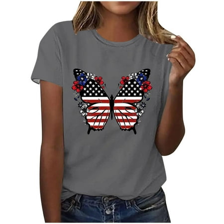 Oversized T Shirts for Lady Gym Women s Loose Casual T-Shirt Pullover Independence Day Printed 4th July Short Sleeved Round Neck Tee Tops Gray 3XL