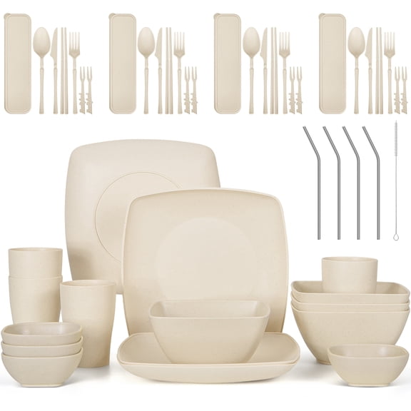 GPED Wheat Straw Dinnerware Set for 4, 49-Piece Plates and Bowls Sets, Unbreakable Lightweight Picnic Tableware Set, Travel Camping Cutlery Set, Dishwasher & Microwave Safe, Beige