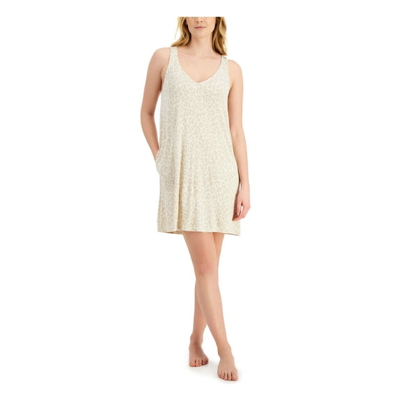JENNI Intimates Beige Tank Chemise Pocketed Mid-Thigh Length Animal Print Nightgown XS