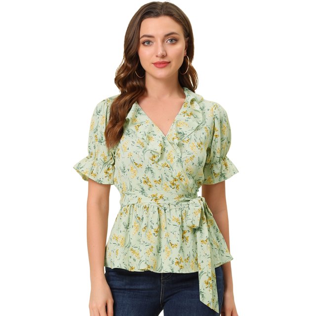 INSPIRE CHIC Blouse à Volants à Manches Courtes Col en V Croisé Fruits Doux pour Femmes Vert Clair TG