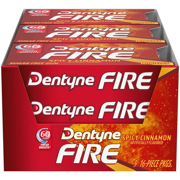 Dentyne Fire Spicy Cinnamon SAF21 Sugar-Free Chewing Gum, Pack of 9 (144 Total Pieces)