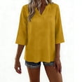 thumbnail image 4 of Womens Linen Blend Blouse 3/4 Sleeve V-Neck Relaxed Fit High Low Hem Breathable Casual Top Yellow,Size M, 4 of 6