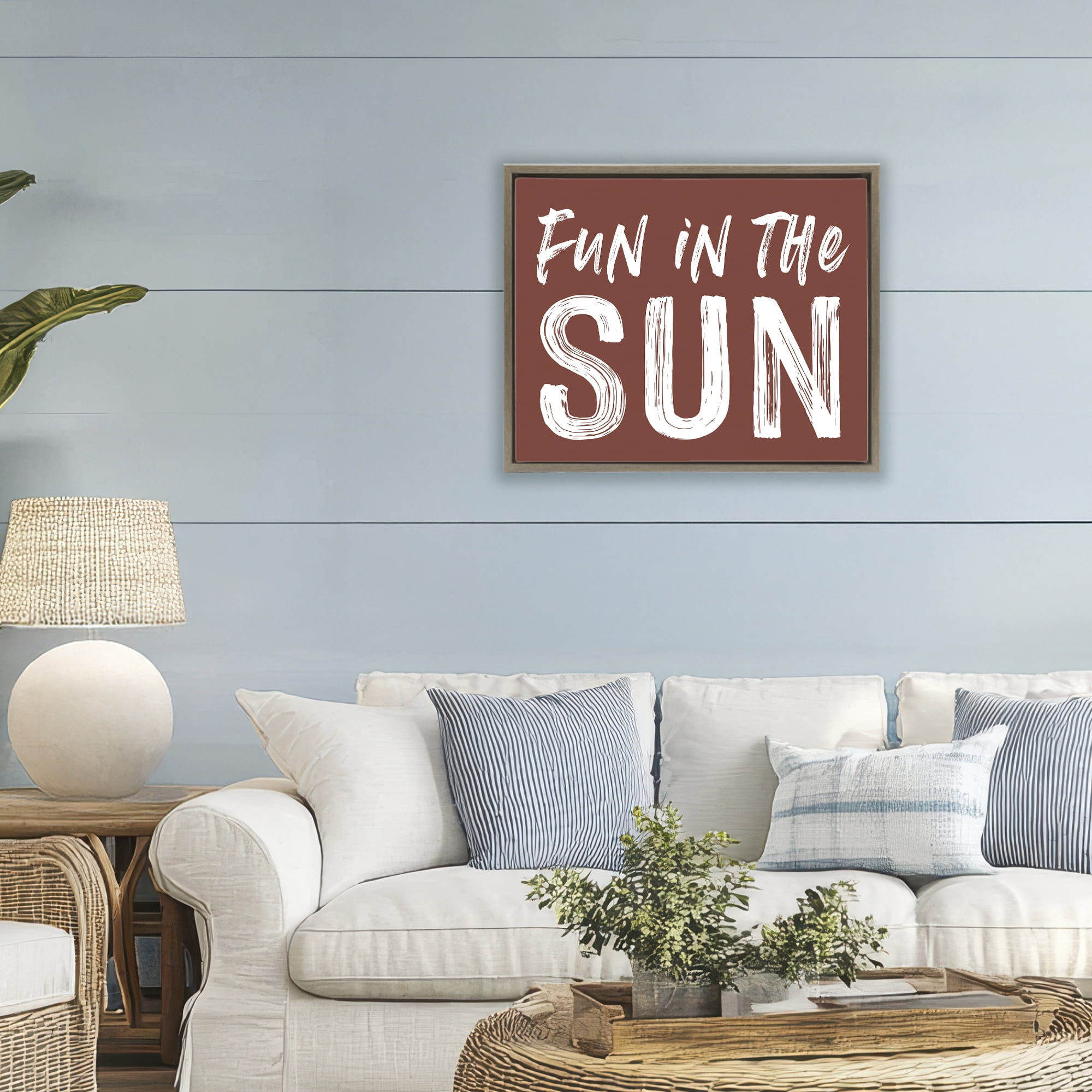 Fun In Sun Brown Sentiment Brown Framed Floater Canvas Wall Art, design by Lettered and Lined