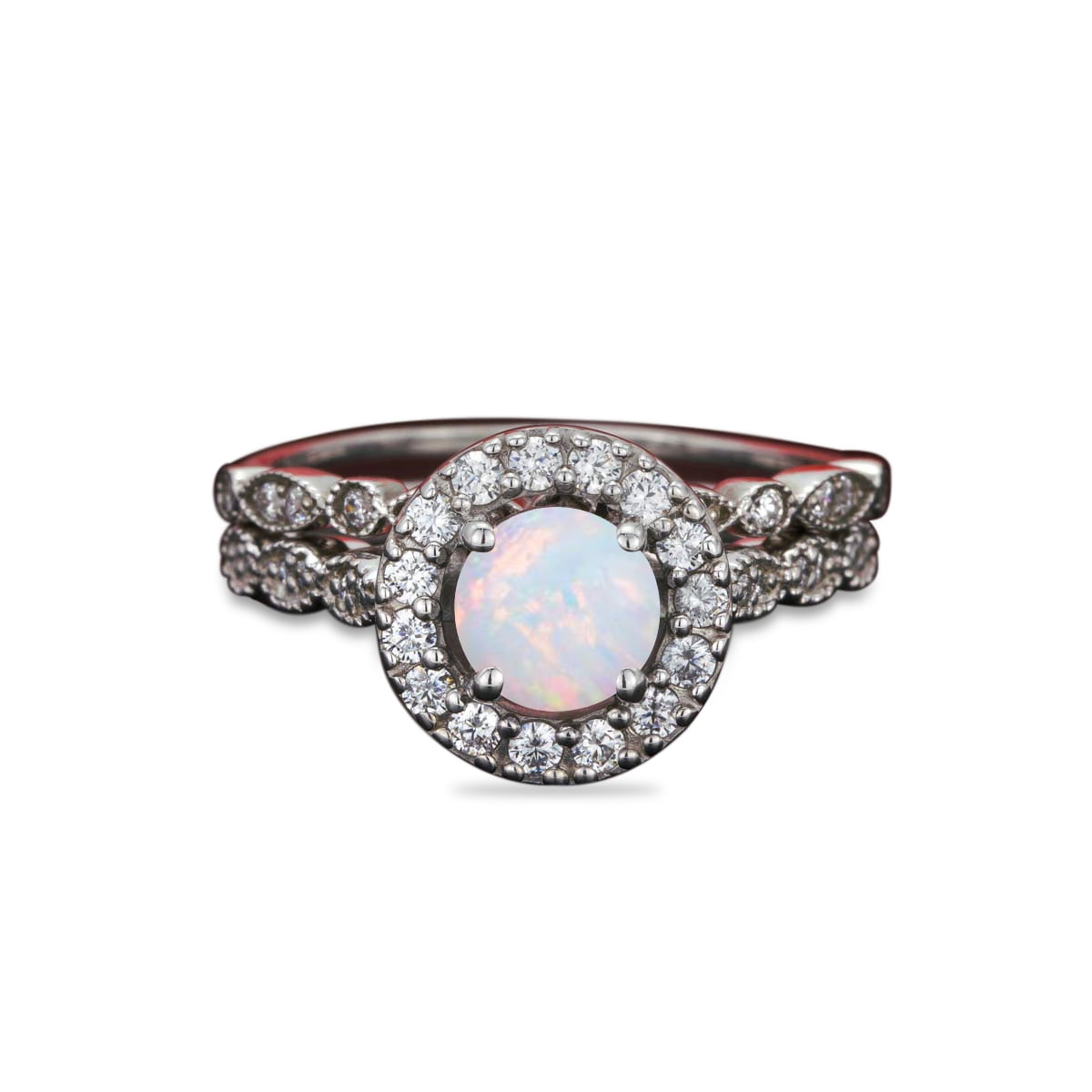 JeenMata 1.75 ct Vintage Round Fire Opal & Diamond Bridal Ring Set in