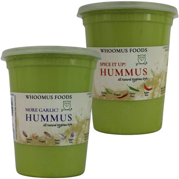 Whoomus All Natural Gourmet Hummus Garlic Lovers & Zesty Serrano Flavor - Family Size, 32oz, 2 Pack