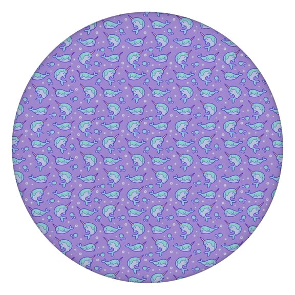 Purple Cartoon Narwhal Pattern Round Fitted Tablecloth with Elastic Edge,Dining Table Cover Waterproof,Outdoor Round Tablecloth for Camping,Dining,Indoor and Outdoor