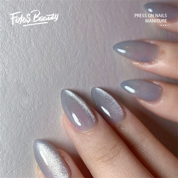 Fofosbeauty 24pcs Press on False Nails, Almond Acrylic Nails,Solid Color Cat's Eye Grey
