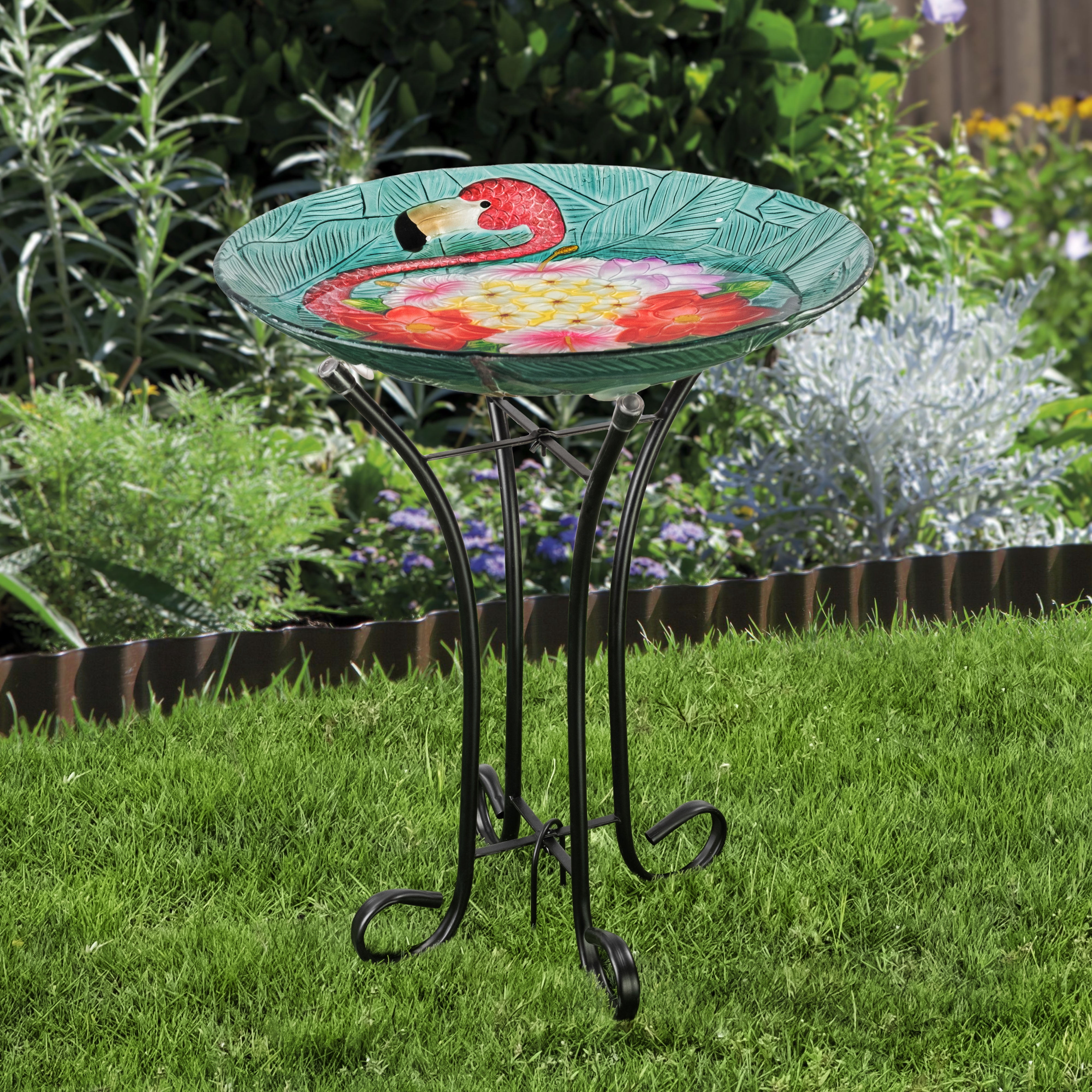 Teamson Home 17.8" Fusion Glass Flamingo Design Birdbath with Metal Stand, Multi