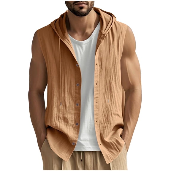 Fewfanhot Men's Hooded Sleeveless Cardigan Button Front Open Style Tank Top Lightweight Layer for Beach, Lounge and Summer Evenings